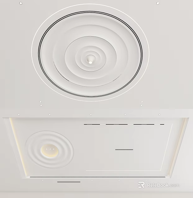 Modern White Ceiling Design With Circular Layered Patterns Recessed Lighting And Decorative Lines 3d model 