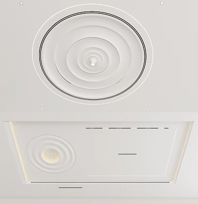 Modern White Ceiling Design With Circular Layered Patterns Recessed Lighting And Decorative Lines 3d model