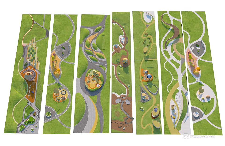 Diverse Park Landscape Design With Curved Paths Green Areas And Circular Plazas 3d model 
