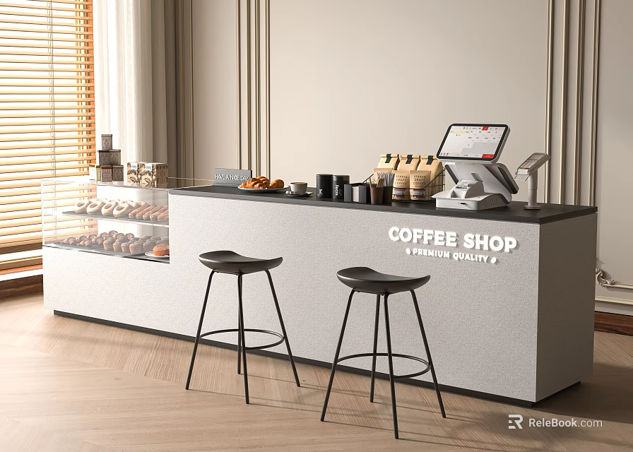 Modern Coffee Shop Front Cashier Counter With Display Case Bakery Black Stools Coffee Machine Cups 3d model 