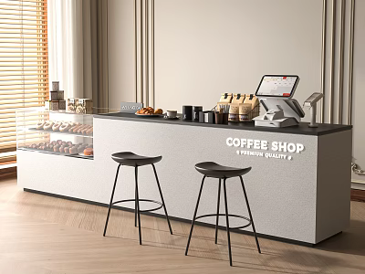 Modern Coffee Shop Front Cashier Counter With Display Case Bakery Black Stools Coffee Machine Cups 3d model