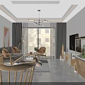 Modern Living Dining Room Interior With Wooden Furniture Sofa TV And Fish Tank