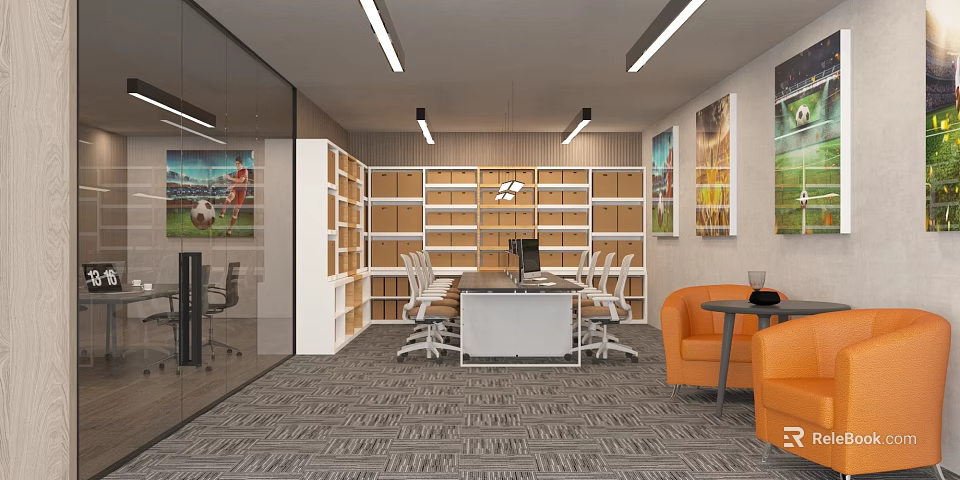 Modern Office Interior With Shelves Desk Orange Armchairs And Decorative Paintings 3d model 