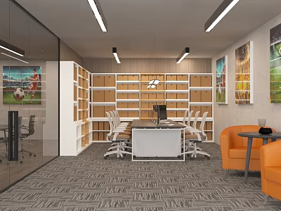 Modern Office Interior With Shelves Desk Orange Armchairs And Decorative Paintings 3d model