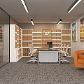 Modern Office Interior With Shelves Desk Orange Armchairs And Decorative Paintings