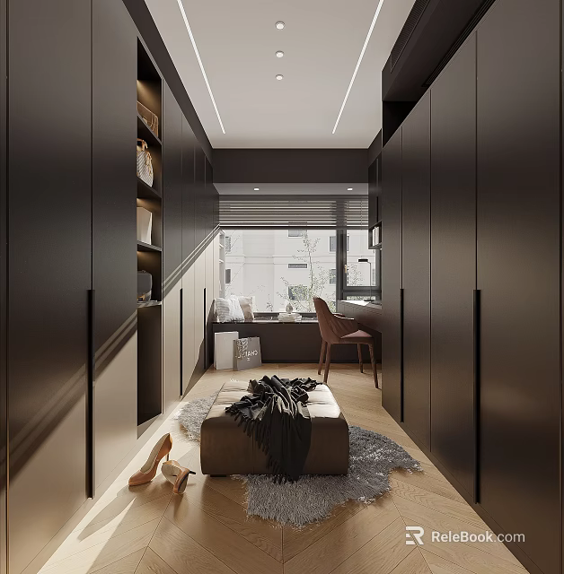 Modern Walk In Closet Interior With Dark Cabinets Seat Shoes Blanket 3d model 