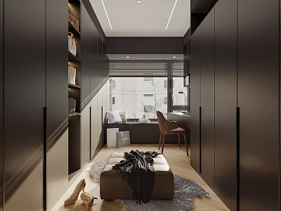 Modern Walk In Closet Interior With Dark Cabinets Seat Shoes Blanket 3d model