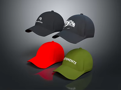 Black Red Green Baseball Caps With ELEMENTS Logo And White Designs 3d model