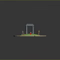 Cartoon Scene Featuring Round Island Green Grass Blue Water Gray Archway Stone Path Red Decorations