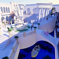 Scenic Commercial Street with White Arched Buildings Water Canal Gondola Boats and Pedestrians