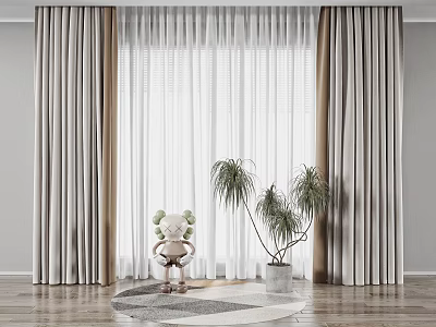 Modern White and Grey Sheer Curtains In Interior With Plants Doll And Wooden Floor 3d model