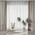 Modern White and Grey Sheer Curtains In Interior With Plants Doll And Wooden Floor