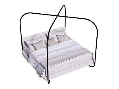 Modern Double Bed with Black Arched Frame White Bed Sheets and Gray Pillows 3d model