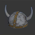 Medieval Horned Silver Weapon Helmet Featuring Golden Straps Rivets And Shiny Surface