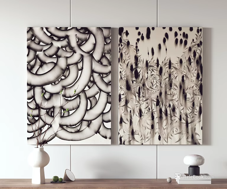 Two Black And White Abstract Paintings Featuring Curved Lines Drip Patterns And Vertical Strokes 3d model
