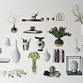 Decorative Ornament Set With Vases Plants Books Metal Sculptures And Candle Holders