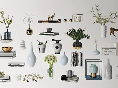 Decorative Ornament Set With Vases Plants Books Metal Sculptures And Candle Holders 3d model