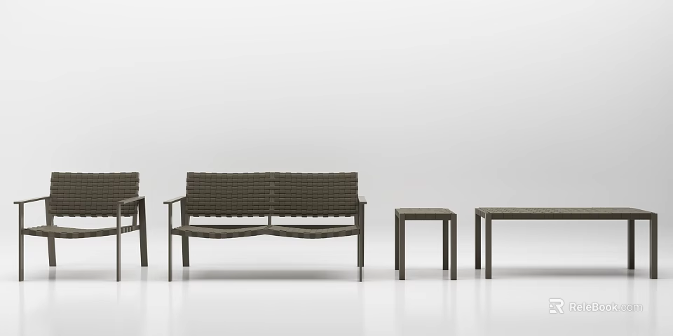 Dark Brown Woven Outdoor Chairs With Modern Minimalist Design And Matching Bench Small Tables 3d model 