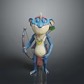 Cartoon Fantasy Game Movie Character With Blue Skin Large Ears Feather Headdress Necklace Holding Staff