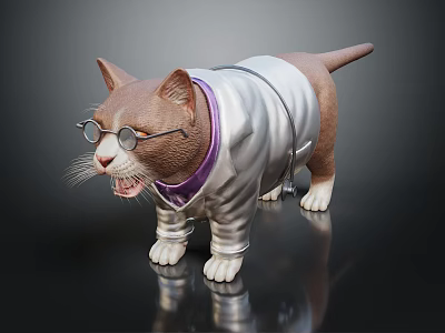 Adorable Brown And White Cat Wearing White Coat Purple Bow Tie And Glasses 3d model