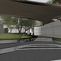 Modern Building Exterior Wall With Curved Metal Grille Green Trees And Lawn Lighting