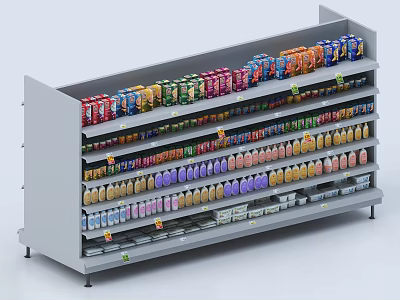 Multi Tiered Retail Display Shelf Stocked With Colorful Packaged Products In Various Colors 3d model