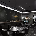 Modern Café Interior Design With Black Bar Marble Counter Bookshelves And City View