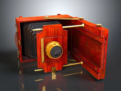 Red Wooden Vintage Digital Camera With Brass Accents And Folding Design 3d model