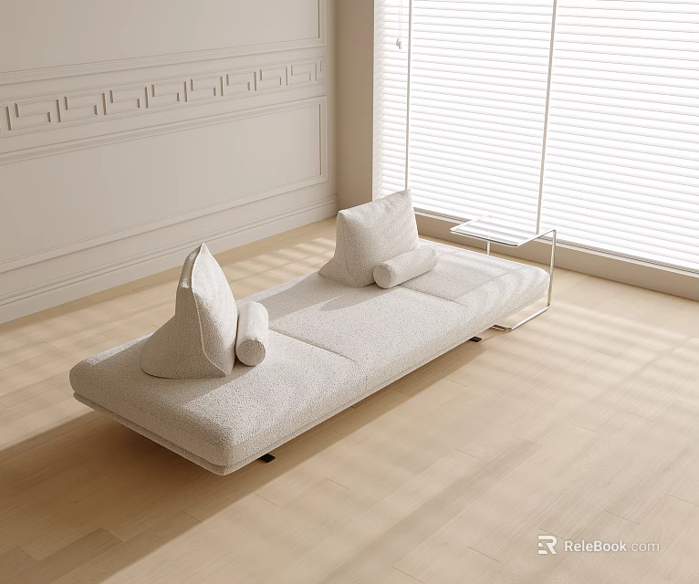 White Fluffy Fleece Multi-Seat Sofa With Pillows On Wooden Floor By Blinds In Bright Light 3d model 