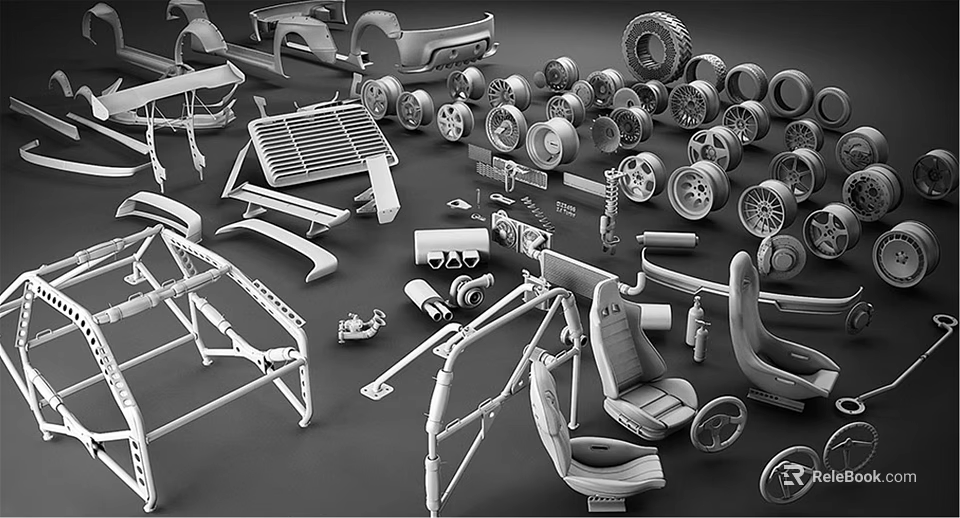Scattered Automotive Spare Parts Including Tires Seats Frames Wheels And Components 3d model 