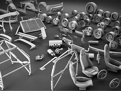 Scattered Automotive Spare Parts Including Tires Seats Frames Wheels And Components 3d model
