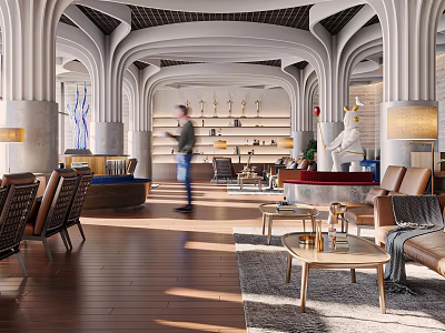 Casual Lounge Area Interior Design With Arched Structures Wooden Floors Sofas Coffee Tables And Bright Lighting 3d model