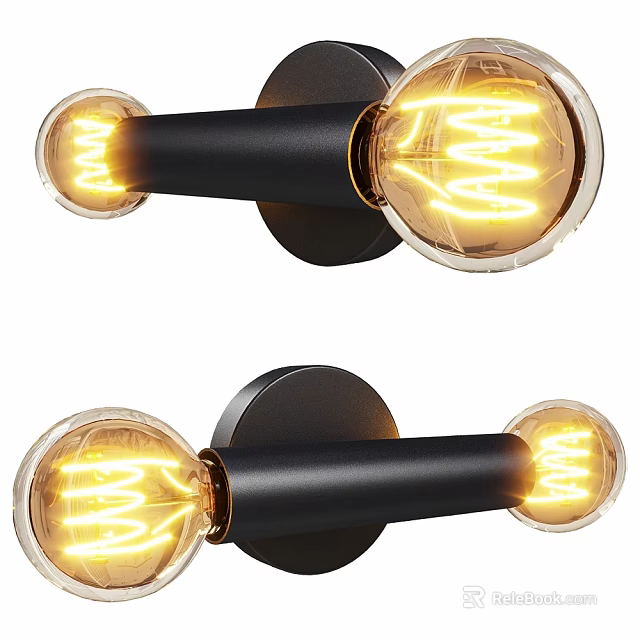 Modern Black Wall Lamp With Double Warm Yellow Bulbs And Round Base Design 3d model 