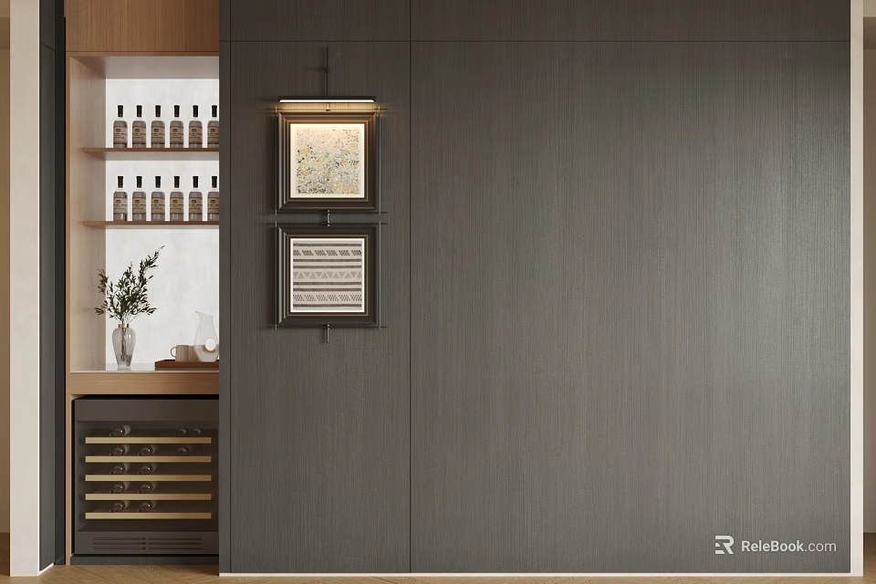 Modern Dark Wood Wine Cabinet With Open Wine Bottle Shelves Decorative Plants And Wall Lighting 3d model 