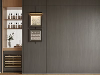 Modern Dark Wood Wine Cabinet With Open Wine Bottle Shelves Decorative Plants And Wall Lighting 3d model