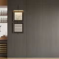 Modern Dark Wood Wine Cabinet With Open Wine Bottle Shelves Decorative Plants And Wall Lighting