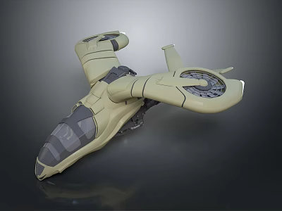 Futuristic Sci-Fi Aircraft With Beige And Gray Body Large Curved Wings And Circular Thrusters 3d model