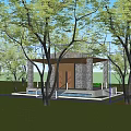 Modern Entrance With Stone Pillars Wooden Roof And Landscaping