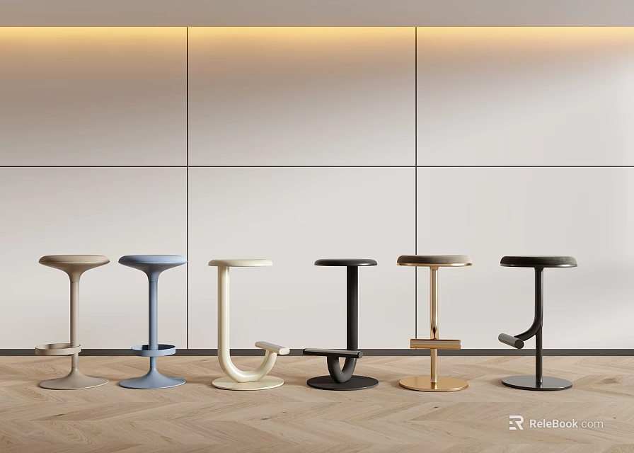 Modern Bar Stools With Sleek Design In Various Colors For Interior Wooden Floor 3d model 