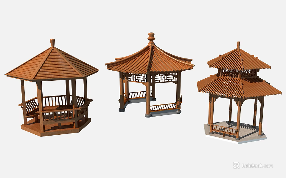 Traditional Chinese Wooden Pavilions With Different Roof Styles And Structures 3d model 