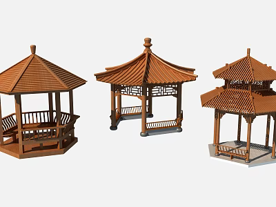 Traditional Chinese Wooden Pavilions With Different Roof Styles And Structures 3d model