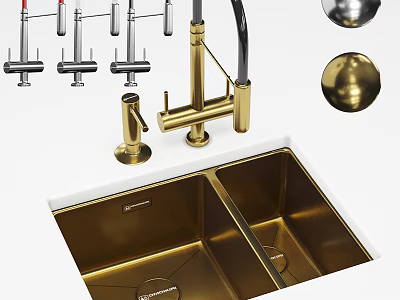Elegant Stainless Steel Washbasin with Double Bowl and Golden Faucet Design Elements 3d model