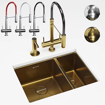 Elegant Stainless Steel Washbasin with Double Bowl and Golden Faucet Design Elements 3d model