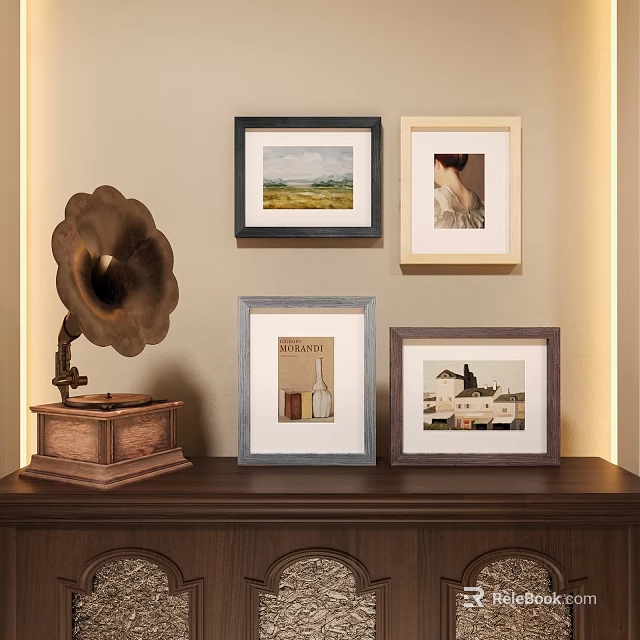 Vintage Photo Wall Decor With Four Framed Photos And Gramophone On Wooden Cabinet 3d model 