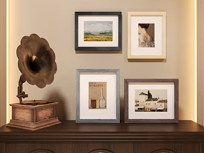 Vintage Photo Wall Decor With Four Framed Photos And Gramophone On Wooden Cabinet 3d model