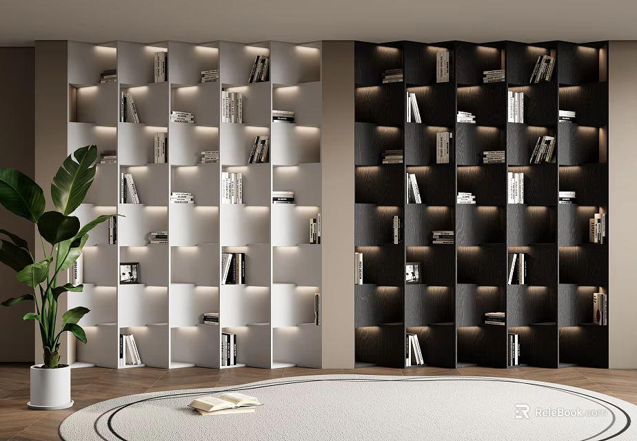 Modern Two Tone Bookcase With Geometric Shelves Lighting Books And Indoor Plant 3d model 