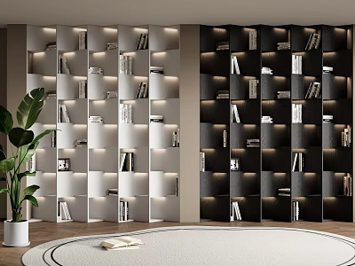 Modern Two Tone Bookcase With Geometric Shelves Lighting Books And Indoor Plant 3d model