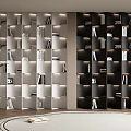 Modern Two Tone Bookcase With Geometric Shelves Lighting Books And Indoor Plant