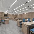 Modern Courtroom Interior With Arranged Seats Judge's Bench Judicial Emblem Wooden Paneling And Lighting