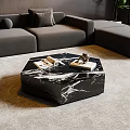 Hexagonal Black Marble Coffee Table in Modern Living Room Setup 3d model